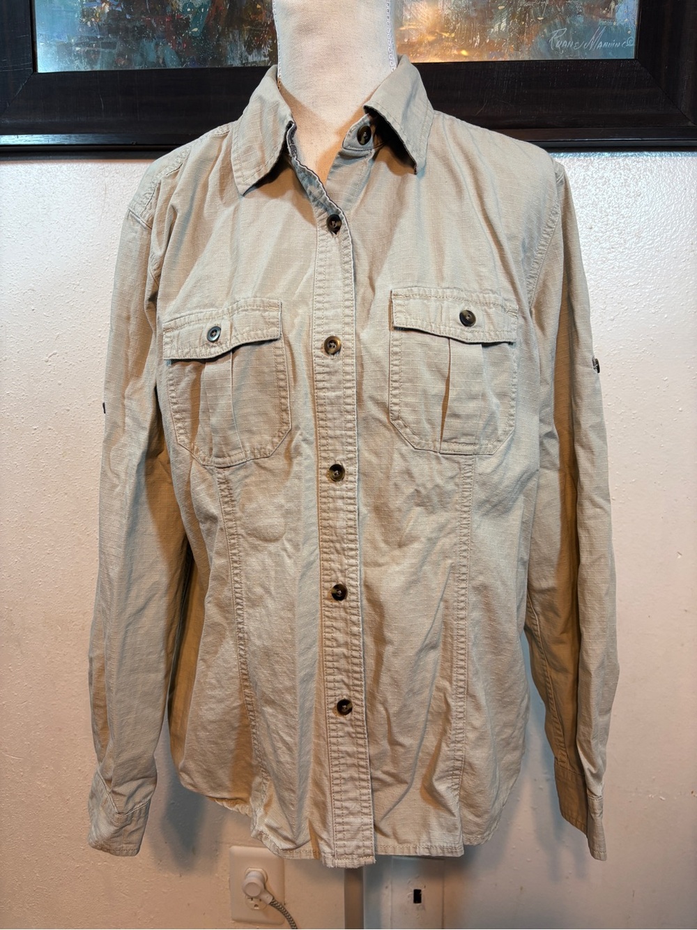 L.L. Bean Beige Button-Down Utility Shirt